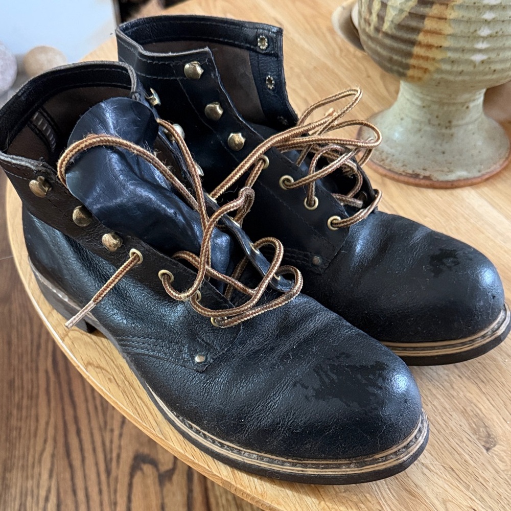 Vintage Black Leather Steel Toe Men's Boots